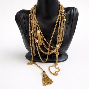 Gold tone Chain Tassel Necklace Vintage 1980s classy Long Statement multilayere